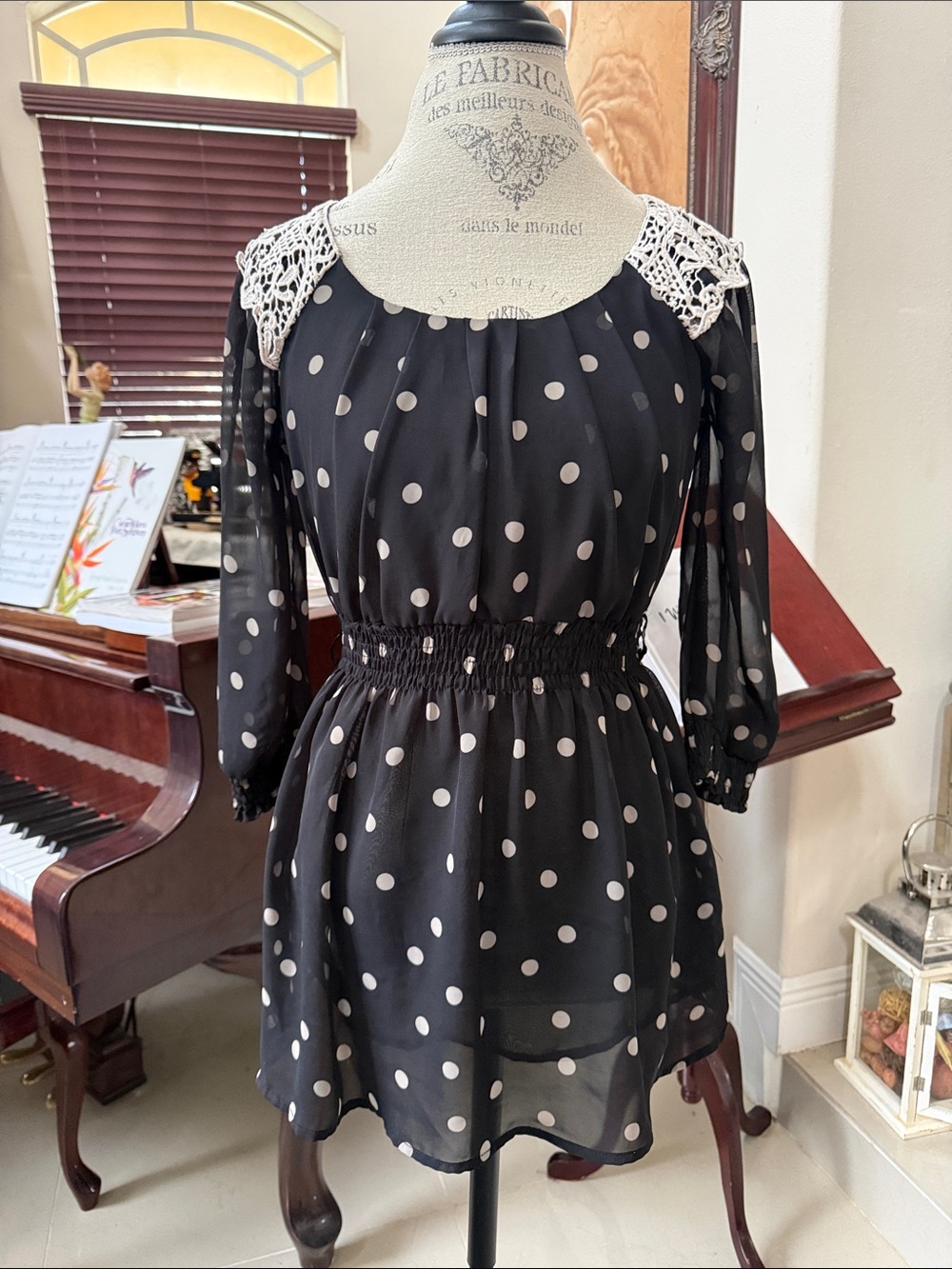 Papaya Black Polka Dot Chiffon Dress with Crochet Shoulders